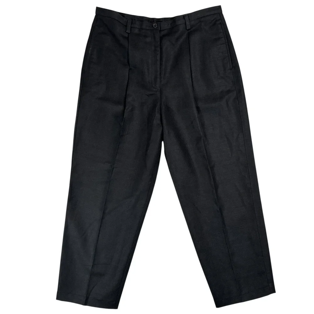 90s Lizsport High Rise Pleated Dress‎ Pants 16P Fit Size 14 12 Black Linen Blend